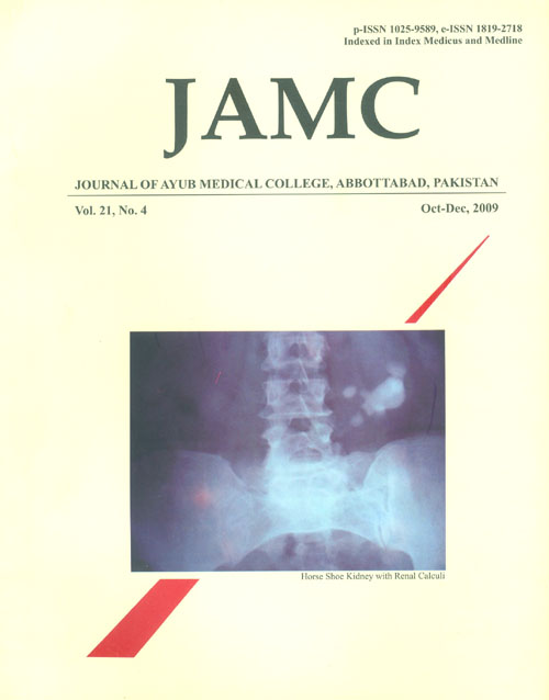 					View Vol. 21 No. 4 (2009): JOURNAL OF AYUB MEDICAL COLLEGE, ABBOTTABAD
				