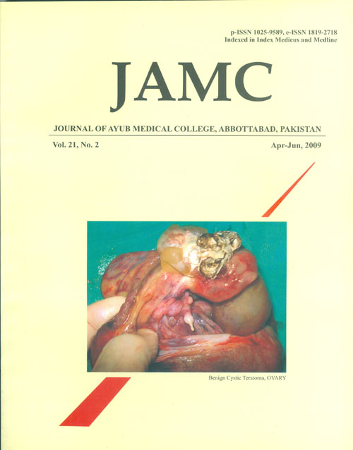 					View Vol. 21 No. 2 (2009): JOURNAL OF AYUB MEDICAL COLLEGE, ABBOTTABAD
				