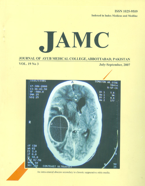 					View Vol. 19 No. 3 (2007): JOURNAL OF AYUB MEDICAL COLLEGE, ABBOTTABAD
				