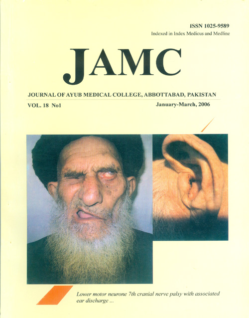 					View Vol. 18 No. 1 (2006): JOURNAL OF AYUB MEDICAL COLLEGE, ABBOTTABAD
				
