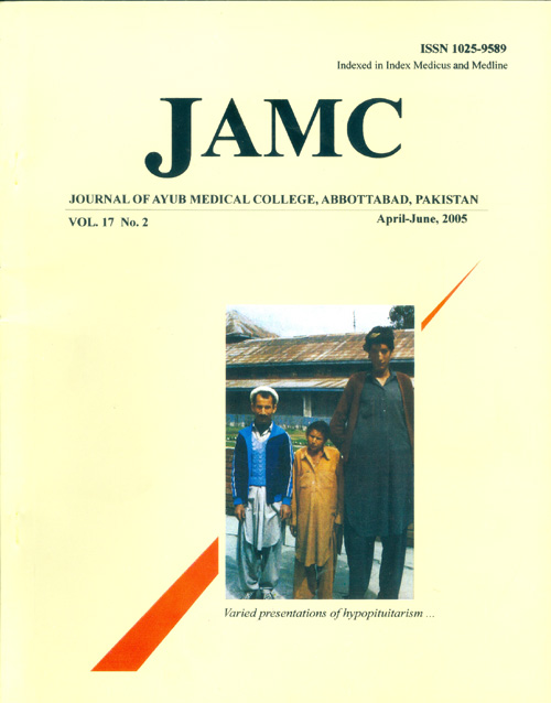 					View Vol. 17 No. 2 (2005): JOURNAL OF AYUB MEDICAL COLLEGE, ABBOTTABAD
				