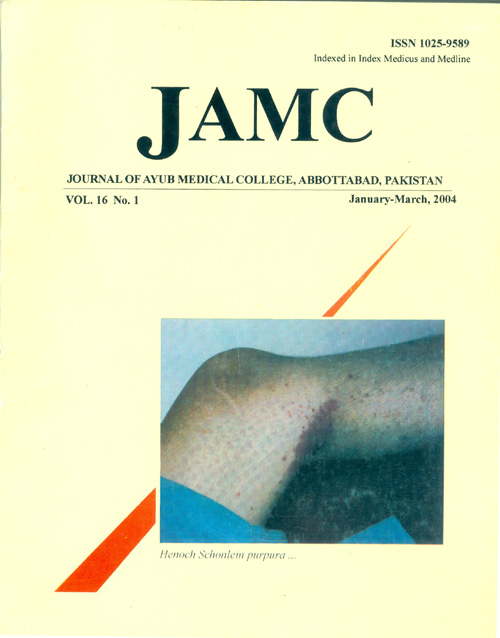 					View Vol. 16 No. 1 (2004): JOURNAL OF AYUB MEDICAL COLLEGE, ABBOTTABAD
				