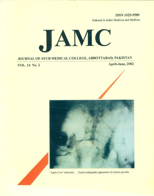 					View Vol. 14 No. 2 (2002): JOURNAL OF AYUB MEDICAL COLLEGE, ABBOTTABAD
				