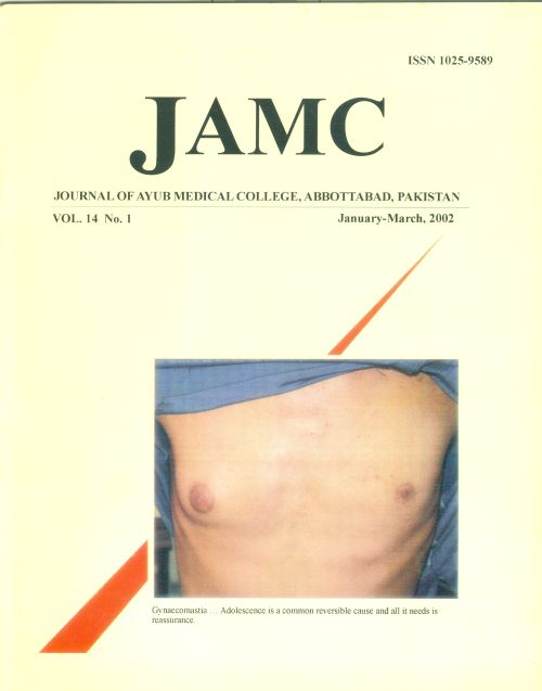 					View Vol. 14 No. 1 (2002): JOURNAL OF AYUB MEDICAL COLLEGE, ABBOTTABAD
				