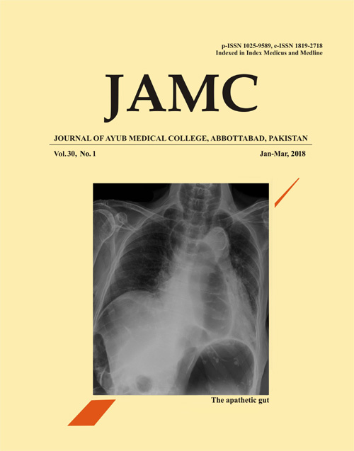					View Vol. 30 No. 1 (2018): JOURNAL OF AYUB MEDICAL COLLEGE, ABBOTTABAD
				