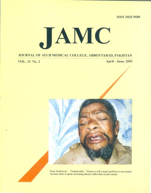 					View Vol. 13 No. 2 (2001): JOURNAL OF AYUB MEDICAL COLLEGE, ABBOTTABAD
				